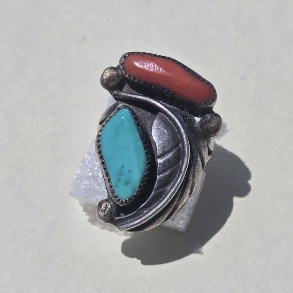 Vintage 925 Sterling Silver Turquoise Coral Leaf Bypass Ring Size 4.5  5